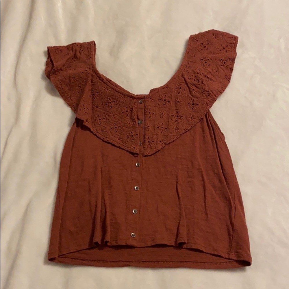 Burnt Orange Button/Ruffle AEO Cropped Shirt